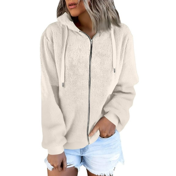 Nokdvo Womens Fuzzy Fleece Jacket Plus Size Zip Hooded Cardigan Coats Solid Color Sherpa Outerwear with Pockets,White S
