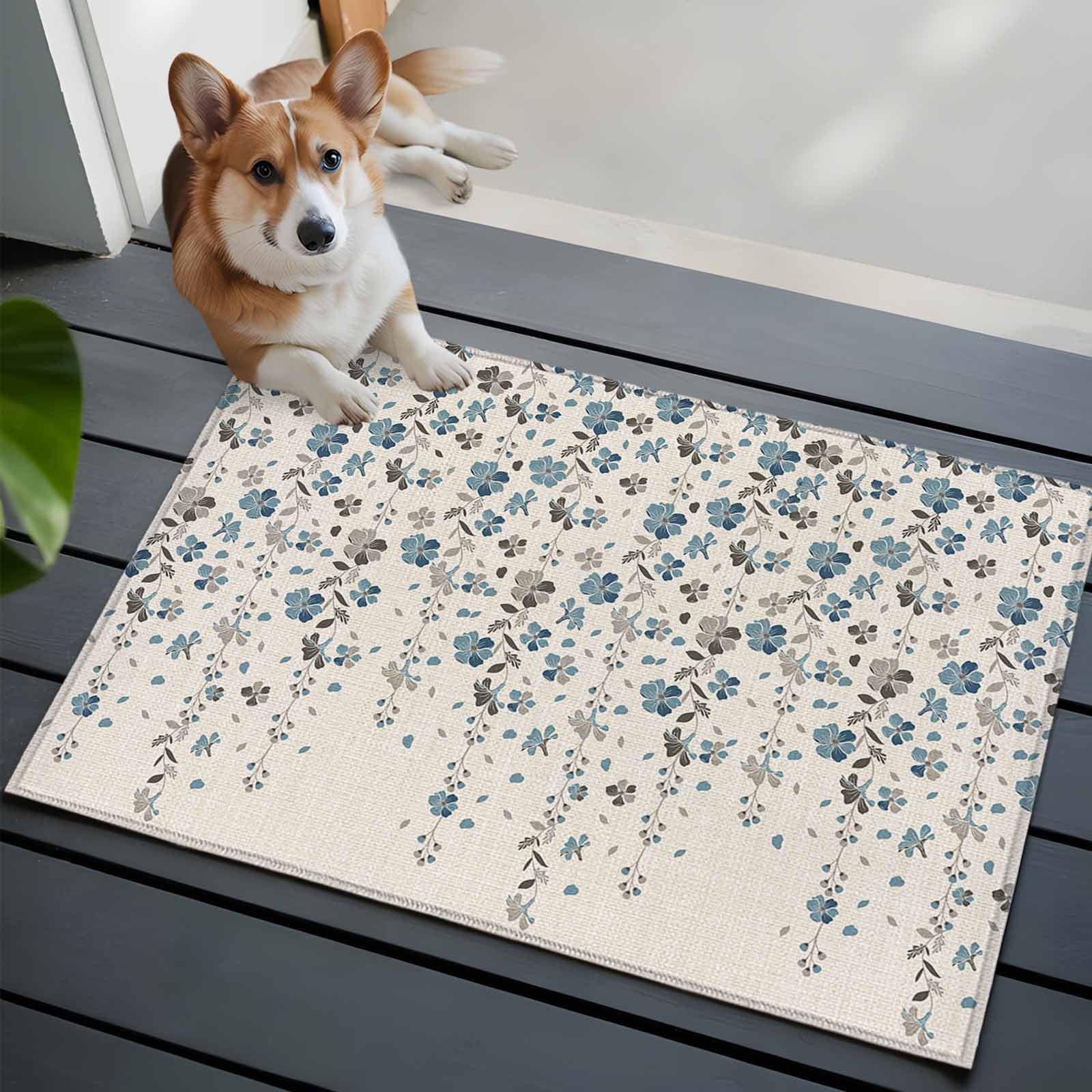 Weeping Flowers Bathroom Mat 2x3 FT, Non Slip Small Kitchen Mat, Blue Grey Spring Floral Botanical Rustic Burlap Washable Soft Backed Front Door Throw Rug Indoor Outdoor Doormat for Entryway Sink