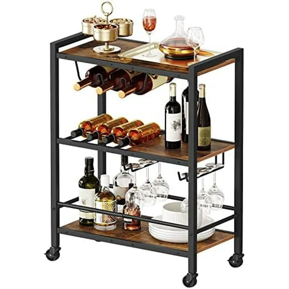 Bar Cart, 3-Tier Coffee Cart with Wheels, Kitchen Cart, Wine Cart with Wine Rack and Glass Holder, Rolling Serving Cart for Home, Living Room, Party, Bar, Rustic Brown and Black BF35TC01G1
