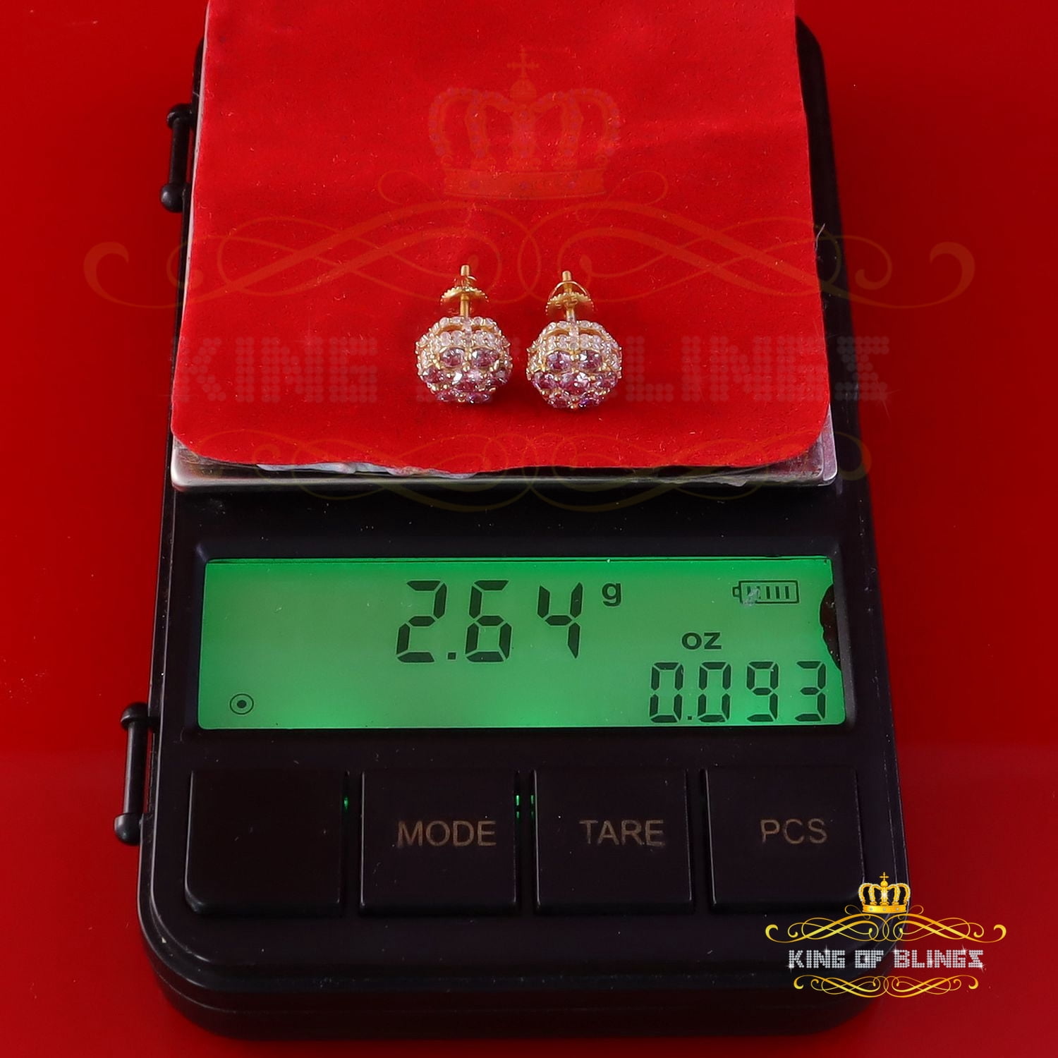 King of Bling's 2.00CT VVS D Pink Moissanite Men's/Women 925 Yellow Silver Floral Stud Earrings