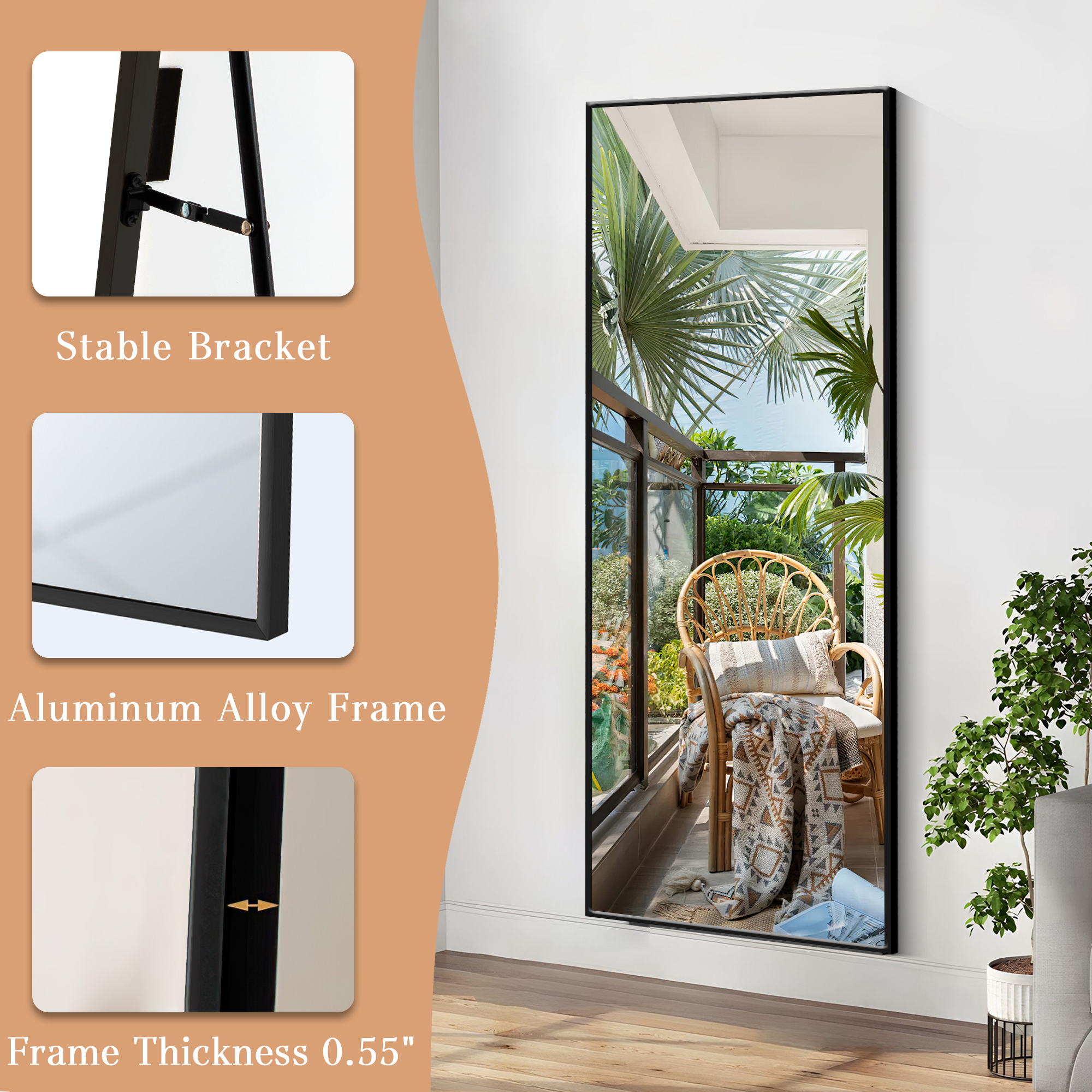 MAYEERTY Freestanding Full Length Mirror with Stand, Aluminum Alloy Framed Floor Mirror Wall Mounted for Bedroom Dressing Room, 57x20in, Black