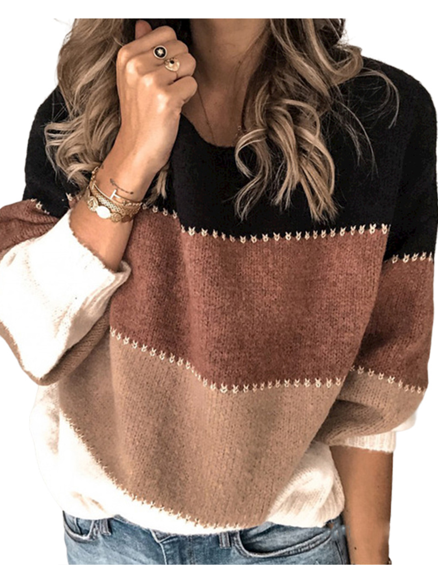 JustVH Women Streetwear Long Sleeve Striped Gingham Crew-neck Knit Jumper  Sweater - Walmart.com