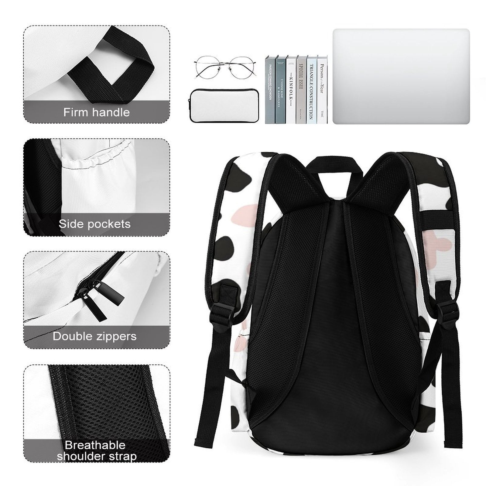 Large Capacity Half Print Backpack 11.8×16.5×5.9in Multifunctional Zipper Design Convenient Switch Simple Cow Print Pattern White Background, Pink And White_3