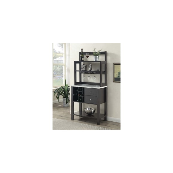 Serving Bar - Industrial Modern Design - 9 Bottle Capacity - Faux Marble Top - 31" L x 15.5" W x 64" H