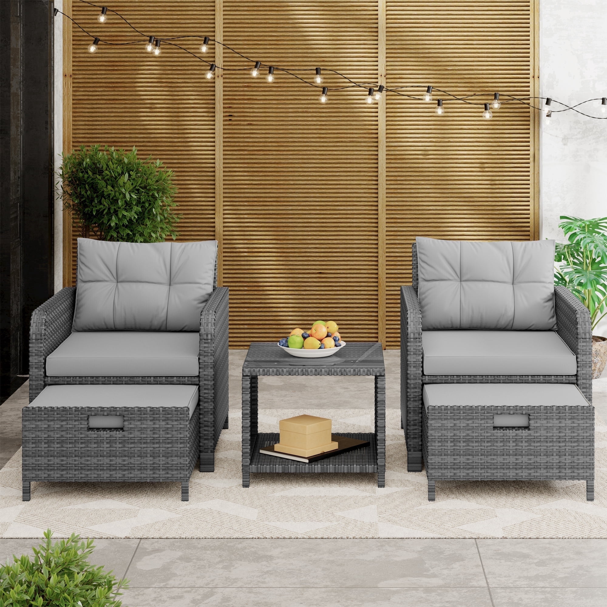 LHBcraft Balcony Furniture 5 Piece Patio Conversation Set, PE Wicker Rattan Outdoor Lounge Chairs with Soft Cushions 2 Ottoman&Glass Table for Porch.