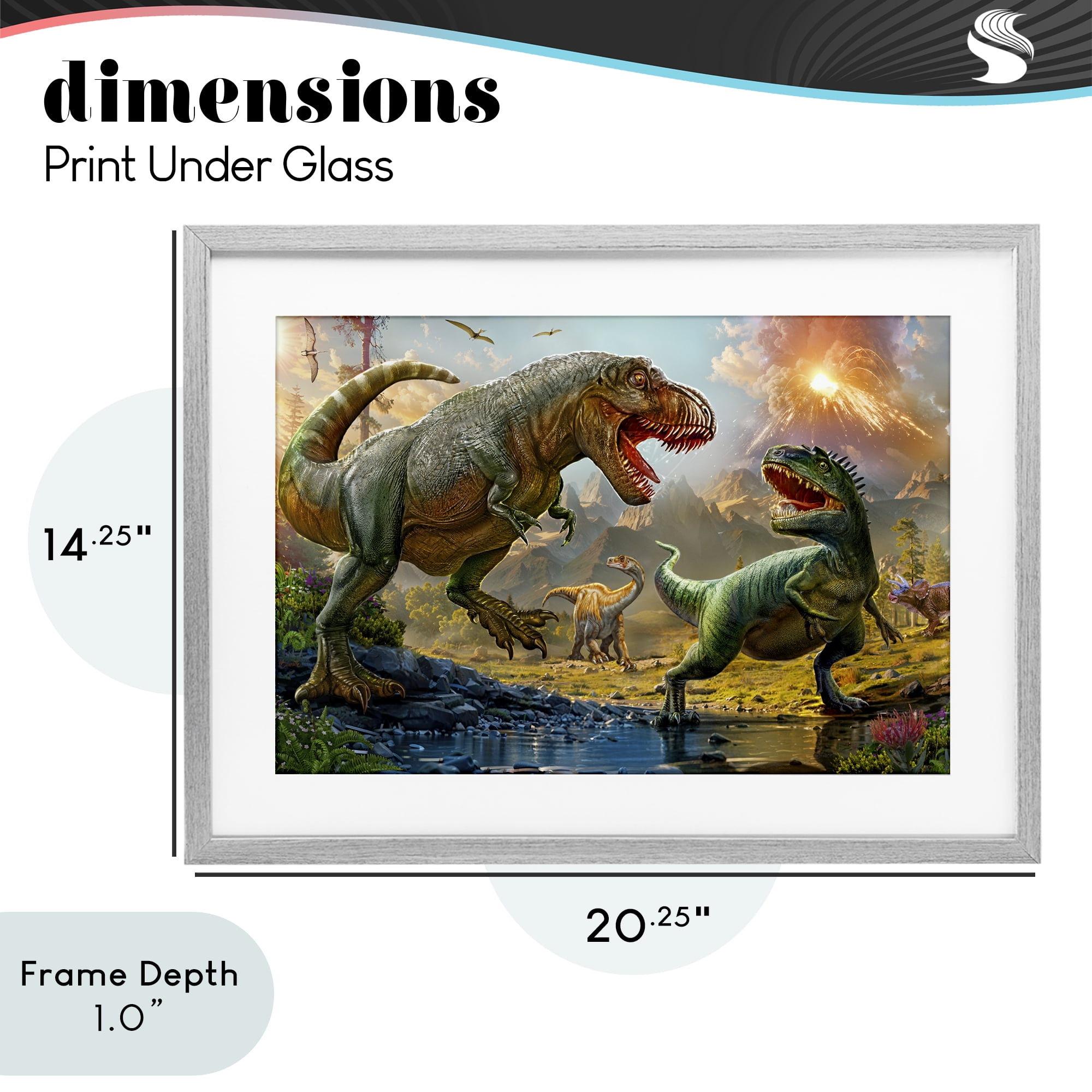 Stupell Industries T-Rex Encounter at Riverbank Gray Framed Print Under Glass, design by Henriette Chinaglia