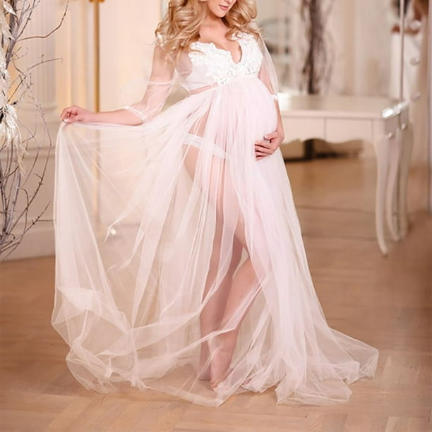 Hongchun Elegant Lace See-Through Maternity Gown for Photo Shoot Long Sleeve  Tulle Tutus Maxi Photo Props Dress 
