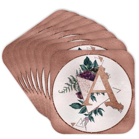 3drose, Pretty Image of Rose Gold Geometric Floral Monogram Initial A, Set of 8 Coasters - Soft