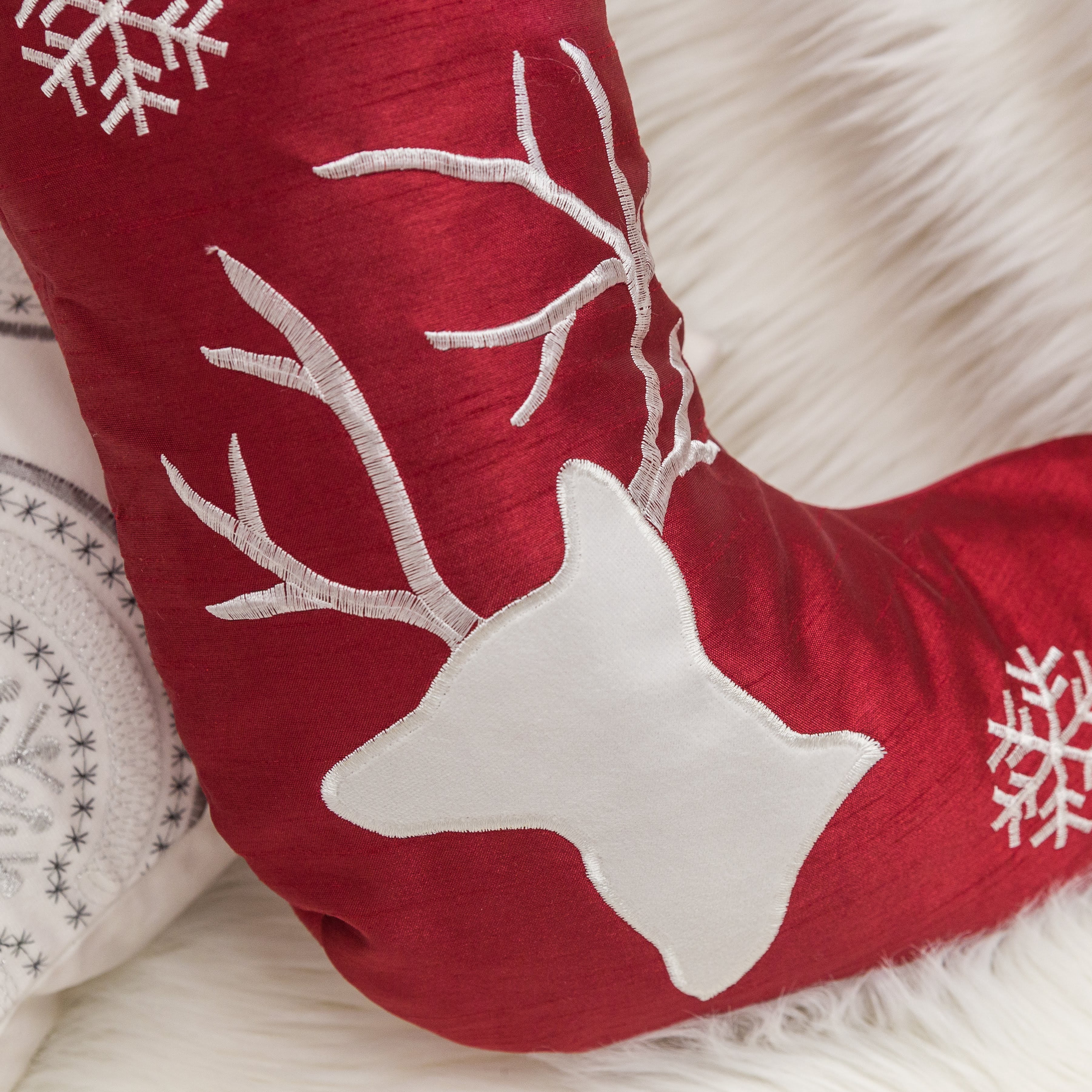 20 in. Red Polyester Reindeer Christmas Stocking with Stitched Accents