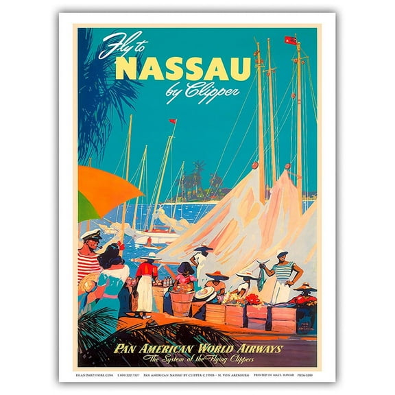 Fly to Nassau by Clipper - New Providence Island Bahamas - Pan American World Airways - Vintage Airline Travel Poster by Mark Von Arenburg c.1950s - Master Art Print (Unframed) 9in x 12in