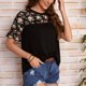 thumbnail image 2 of Camisa de cuello redondo para mujer Camisa de manga corta con volantes Camisa estampada floral Patrón empalme Top suelto Negro XL, 2 of 8