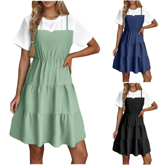 Mrasaso Under 10! Floral Dress for Women,Women's Spring/Summer Fashion Vacation Two Short-Sleeved Crew-Neck Dresses,Stylish & Comfortable for GetawaysBlack L