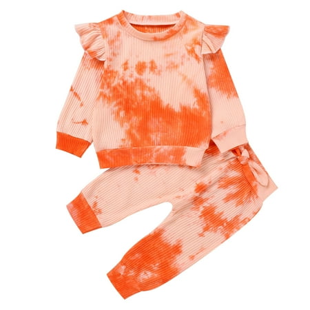

One opening Children s 2 Piece Set Fly Sleeve Tie Dye Pit Stripe Crew Neck Long Sleeve Pullover Bow Pants