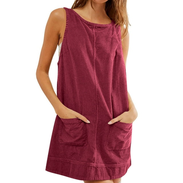 hotojiny Robe Salopette en Velours Côtelé pour Femme Été Ample Col Rond Mini Robes Mode Sans Manches Dos Nu Robe Débardeur avec Poches