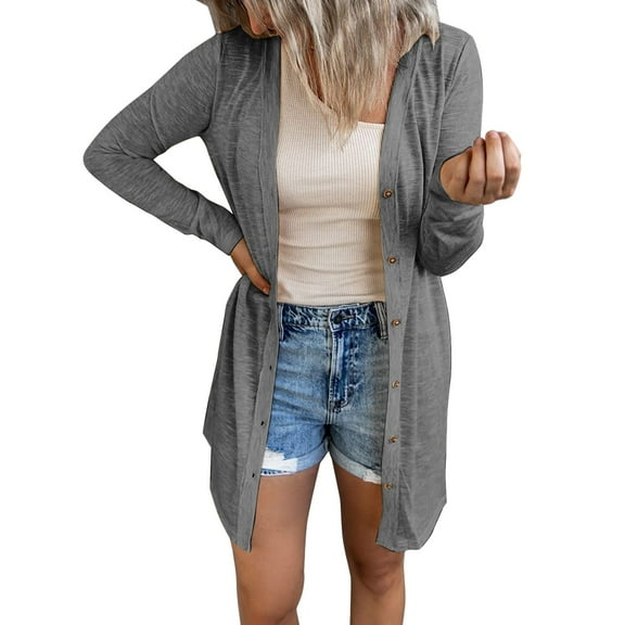 Vedolay Long Cardigans for Women Slim Fit Full Zipper Knit Sweater Casual Jacket with Pockets Gray,M