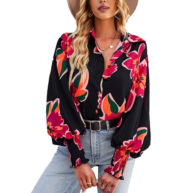 Camisa de manga larga con estampado de linterna para mujer Camisa informal con botones y cuello de ajuste regular de poliéster