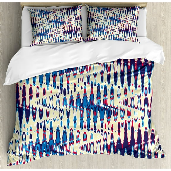 Blue Duvet Cover Set Queen Size, Refracted Waves Pattern in Abstract Style Distortion Effect Psychedelic Design, Decorative 3 Piece Bedding Set with 2 Pillow Shams, Pink Blue Beige, by Ambesonne