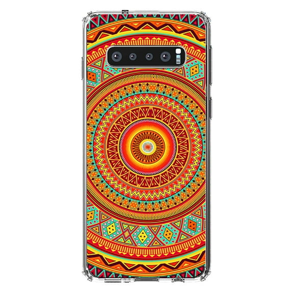 DistinctInk Clear Shockproof Hybrid Case for Samsung Galaxy S10 (6.1" Screen) - TPU Bumper, Acrylic Back, Tempered Glass Screen Protector - Orange Teal Yellow Tribal Print