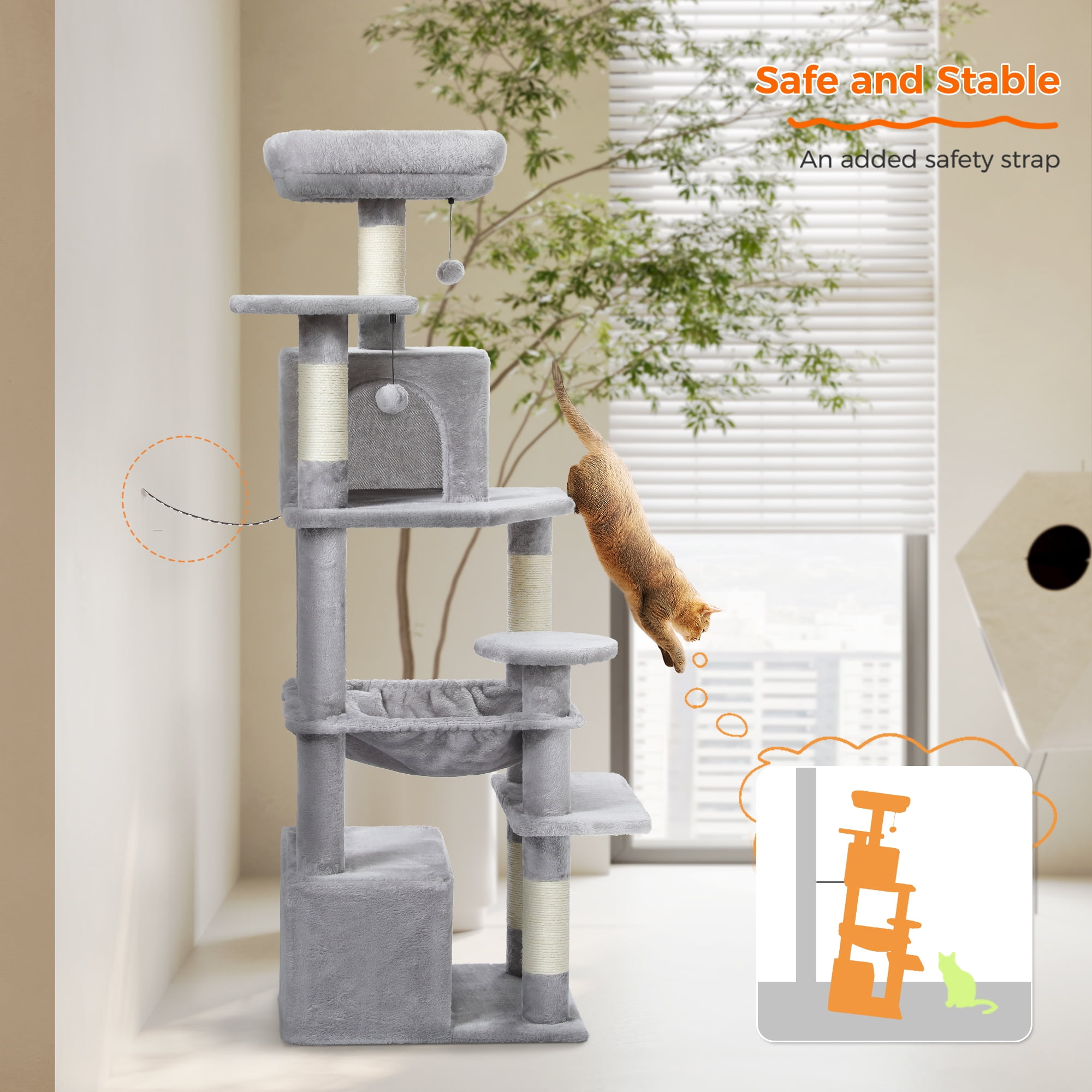 Pefilos 53" Tall Cat Tree Tower with Spacious Hammocks, Condos and Scratching Posts, Cat House with Dual Padded Perches for Indoor Large Cats, Gray