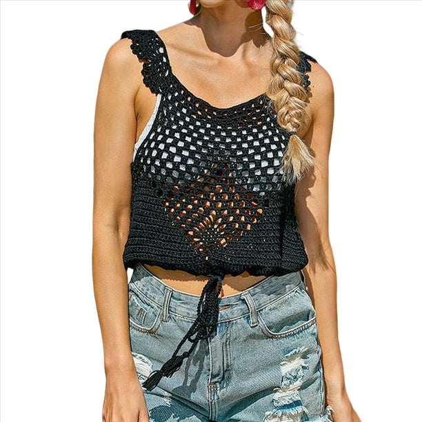 Camisetas de Tirantes de Crochet de Verano para Mujer, Suéter de Punto Sin Mangas con Cuello Redondo, Chaleco Bohemio con Aberturas. Negro S