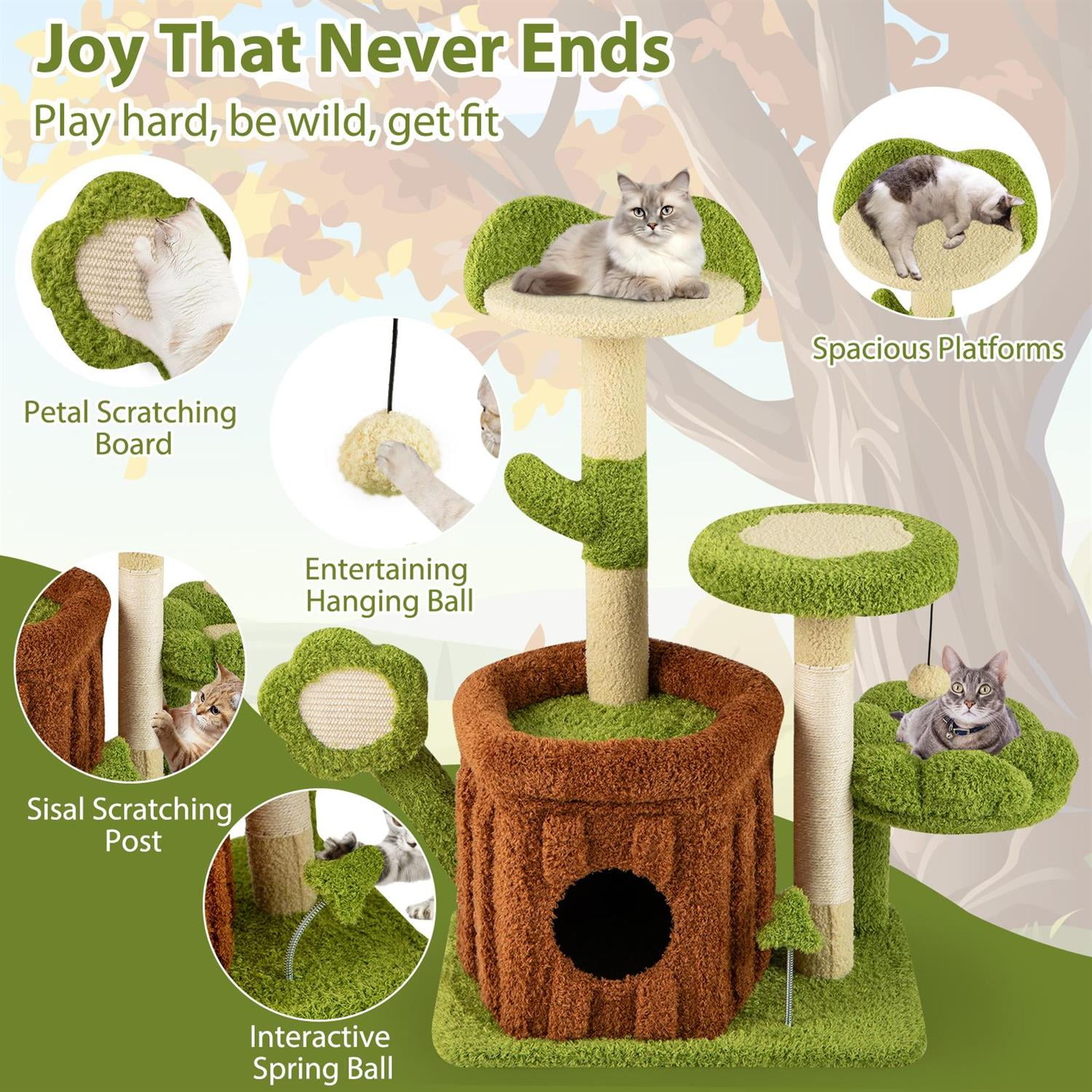 Pefilos Cute Indoor Cat Jungle Activity Center, Condo & Flower-shaped Perch, Scratching Post & Board, Green