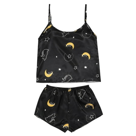 

wendunide Silk Pajamas Sexy Satin Lingerie Shorts Set Women Underwear Sleepwear Printing Navy XXL