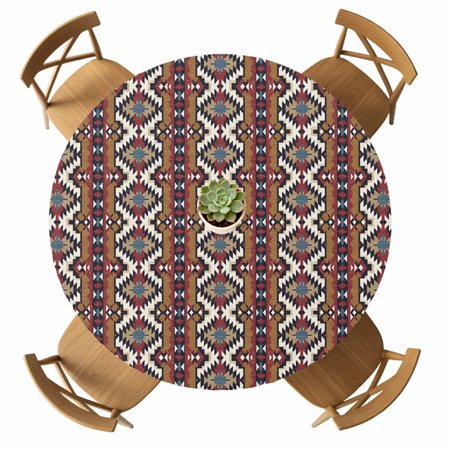 Round Fitted Tablecloth with Elastic Brown Boho Tablecloths Waterproof Oil Proof Geometric Southwest Ethnic Style Table Cover for Kitchen Dinner Party Picnic Fits Tables up to 36 - 44 Diameter