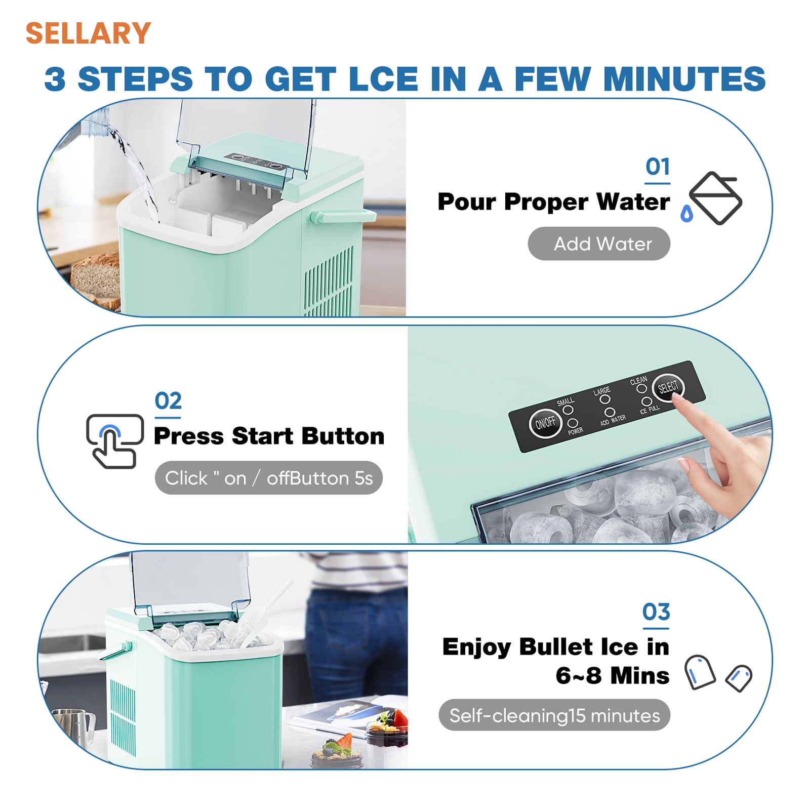 Sellary Portable Countertop Ice Maker, with Handle and Ice Scoop, Green