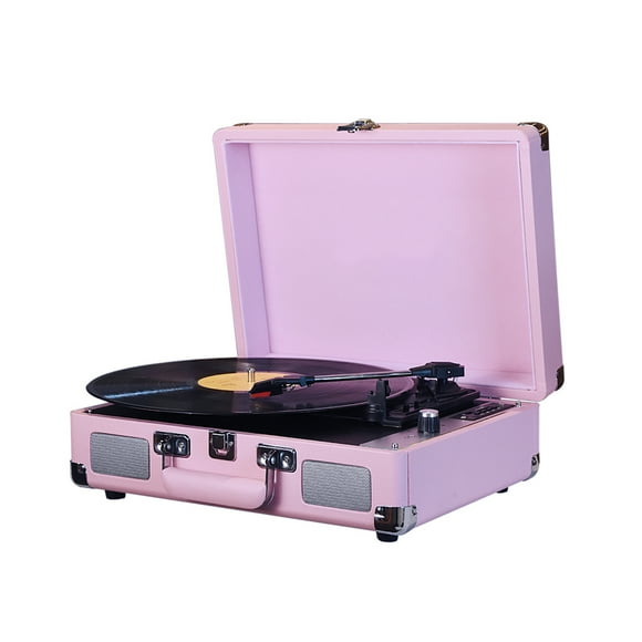 Vintage Bluetooth Record Player - Portable Turntable with Built-in HIFI Sound System for 7/10/12 Inch Vinyl Records in Stylish Pink Finish