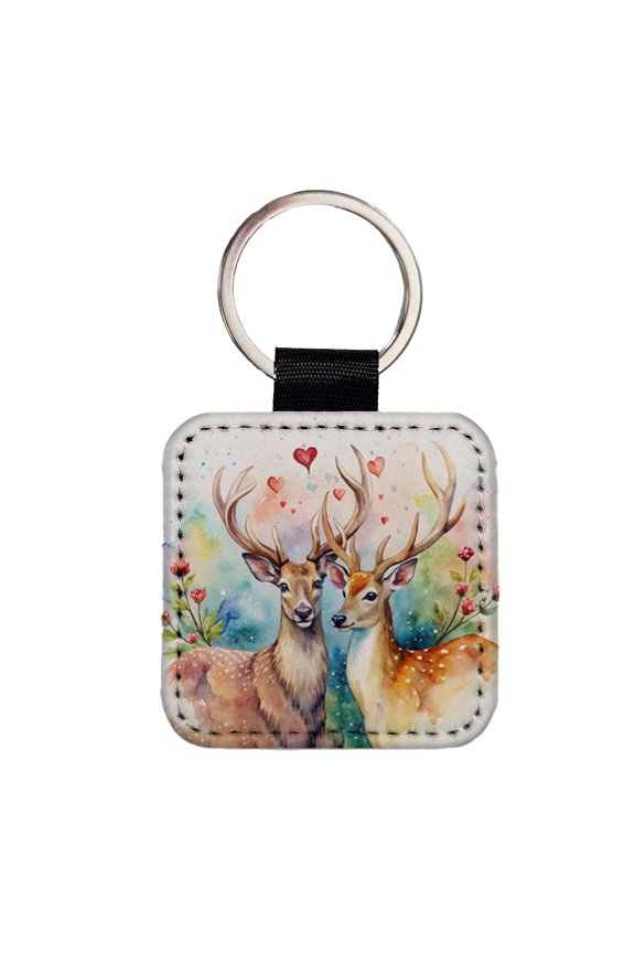 Deer In Love Valentine's Day Faux Leather Square Keychain