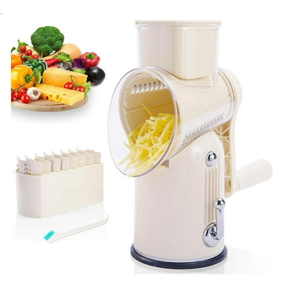 Manual Rotary Cheese Grater with Handle, 5 in 1 Replaceable Stainless Blades Cheese Shredder,Strong Suction Base Vegetable Slicer with Cleaning Brush & Bonus Storage Box for Blades