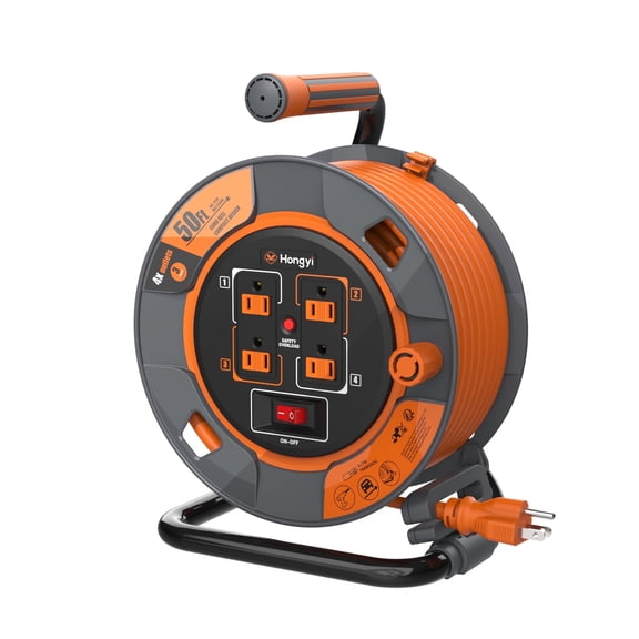 Hongyi 50ft Extension Cord Reel with 4-Outlet, Power Switch, 14AWG/3C, SJTW Cable,Orange