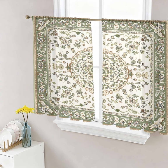 Sage Green Semi Sheer Curtains 54 Inch Length 2 Panels Set, Southwest Tribal Antique Boho-Chic Heritage Sheer Kitchen Curtain Privacy Voile Window Curtain for Living Room Bedroom Rod Pocket Drapes