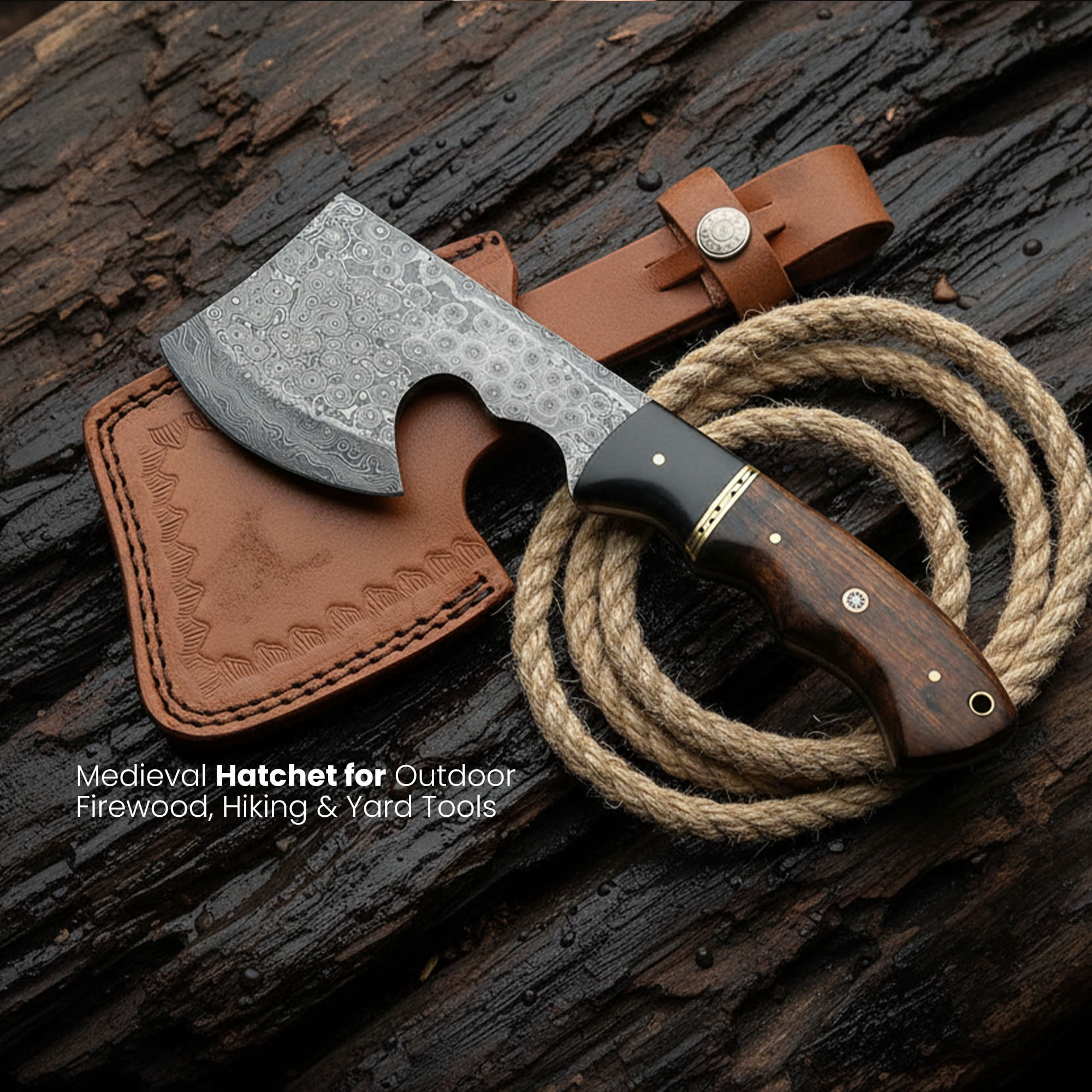 SZCO Supplies Damascus Hatchet Ax-e with Walnut Handle With Leather sheath