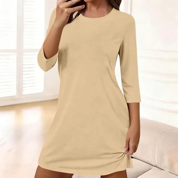 Fnooota Womens Summer Nightgowns, Comfy Loose Fit 3/4 Sleeve Casual Pajama Dresses for Women Khaki Size S-2XL