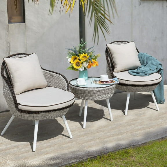Nuu Garden Outdoor 3-Piece Patio Set, Bistro Sofas for 2 Person with Bistro Table and Cushions for Balcony Garden Backyard Restaurant Cafe Bar, All-Weather Rattan, White and Light Coffee