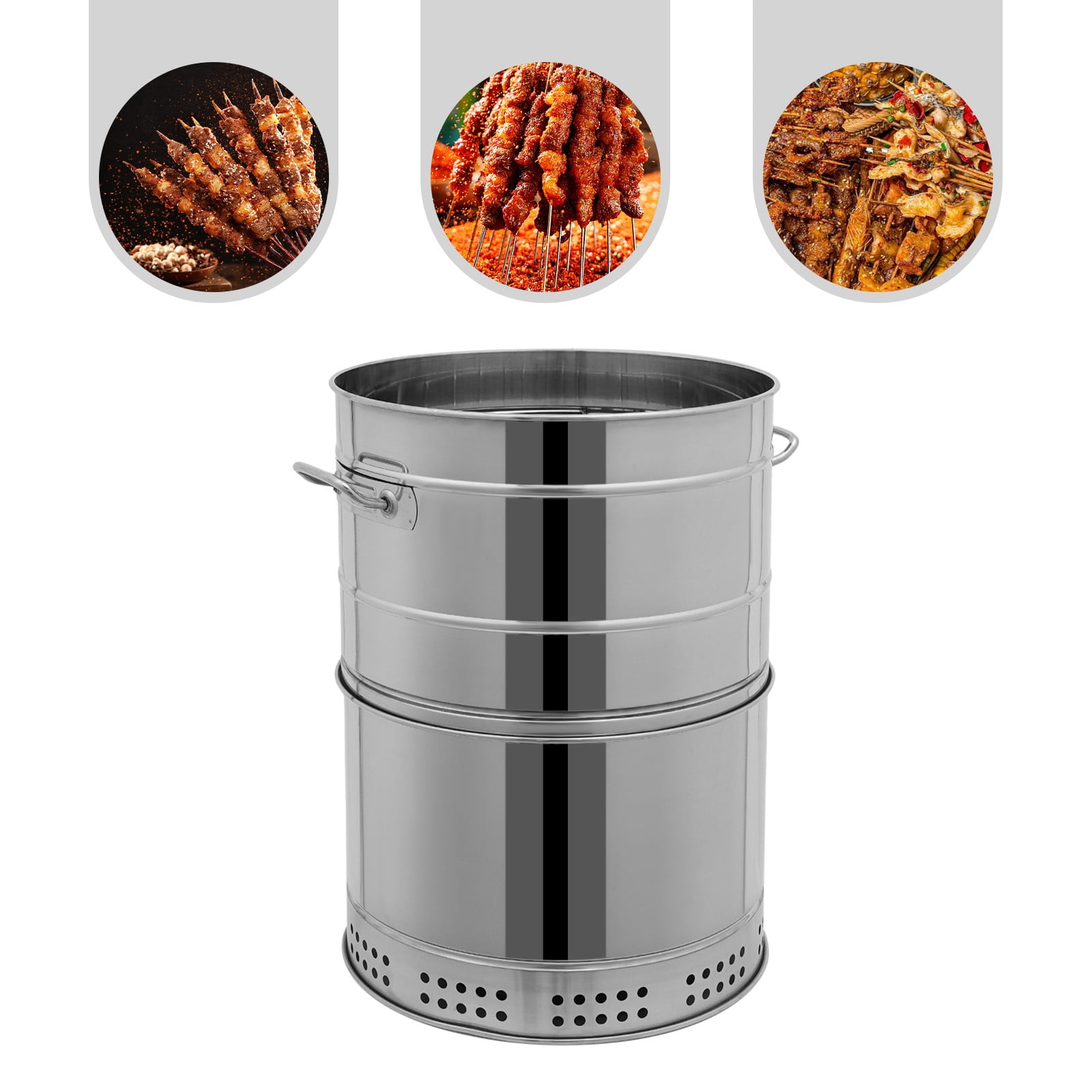 Portable Charcoal Grill Stainless Steel – Large Vertical Barrel BBQ Grill with 50 Skewers, 360° Even Heating, Oil & Charcoal Separation, Smokeless Fire Pit Mode