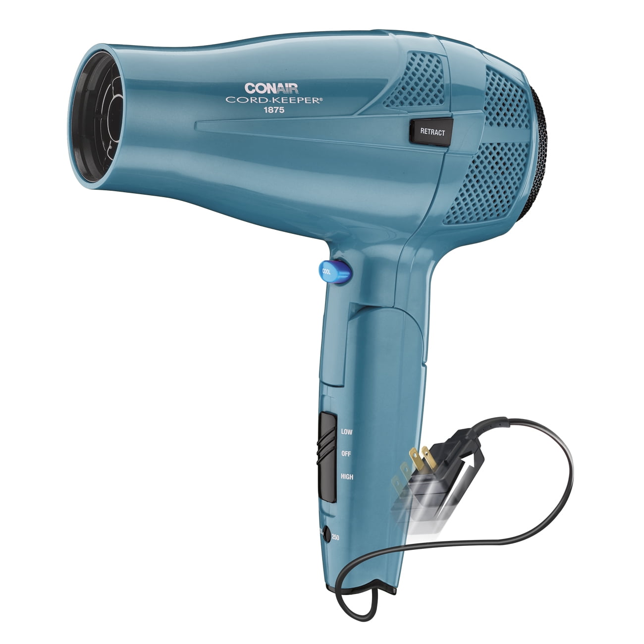 Conair Cord-Keeper Travel Size Folding Ionic Retractable Cord Hair Dryer,  1875 Watts, Blue 
