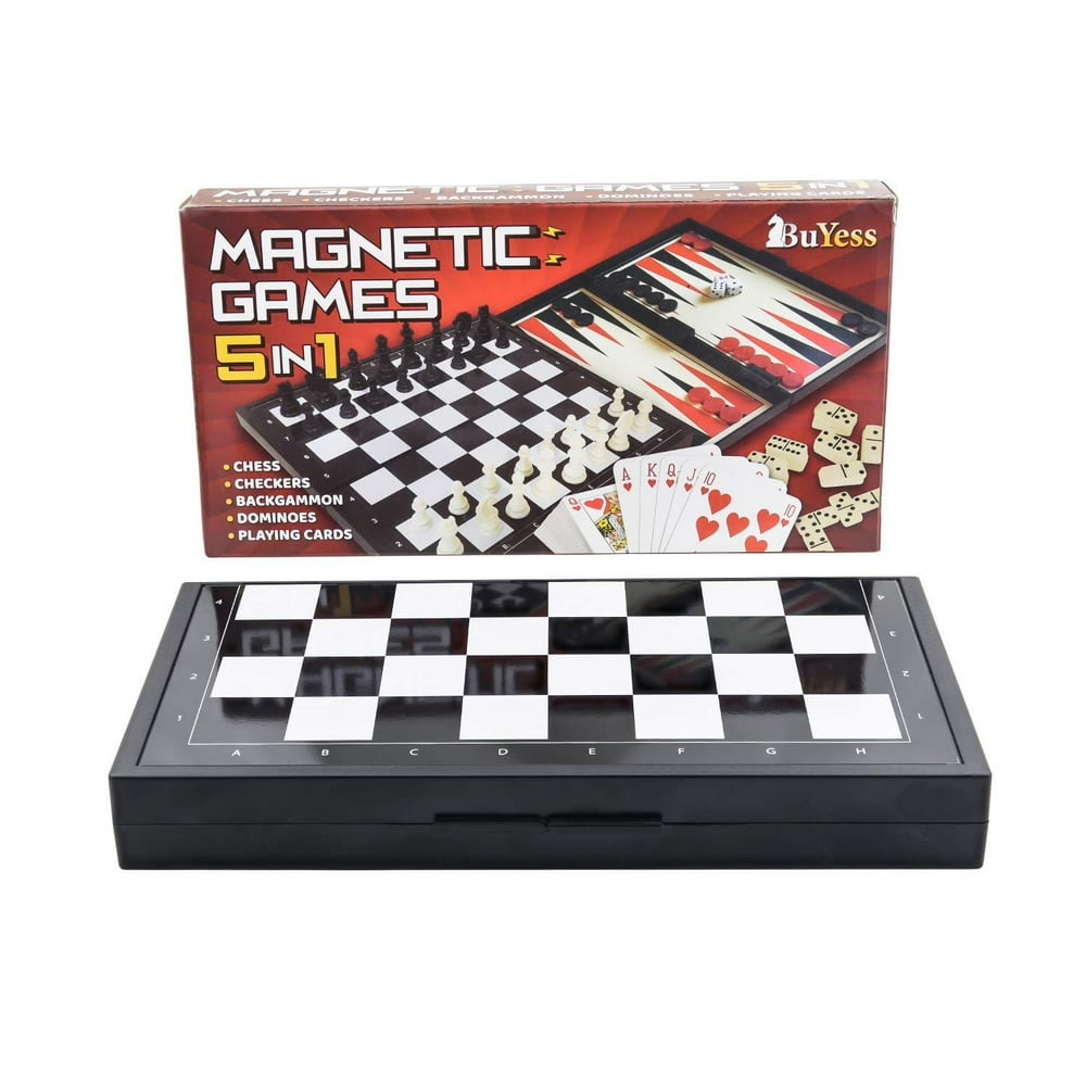 5 in 1 Travel Chess Set + Checkers, Dominoes, Backgammon