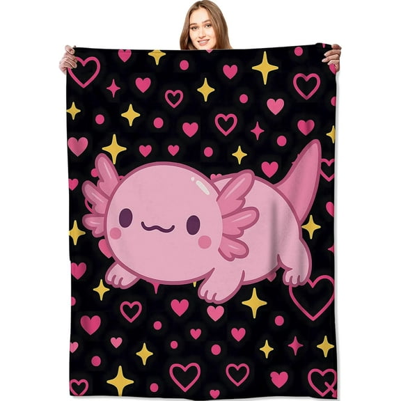 Cute Axolotl Blanket 50x60in Pink Animal with Heart and Star on Black Background Throw Blankets Gifts for Kids Girls Women Lightweight Soft Fleece Cozy for Sofa Couch Bed Room Travel Decor