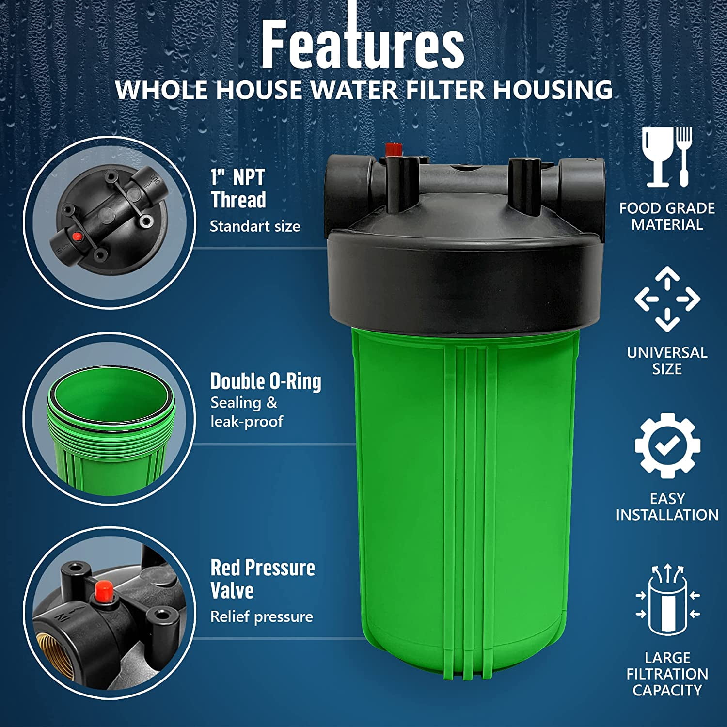 High Capacity 10 x 4.5” Whole House Filter Purifier System for Well or City Water, Presser Relief Button, 1” NPT Brass Port, Double O-ring, Meets NSF Standards & Regulations (Green, 3 Sets)
