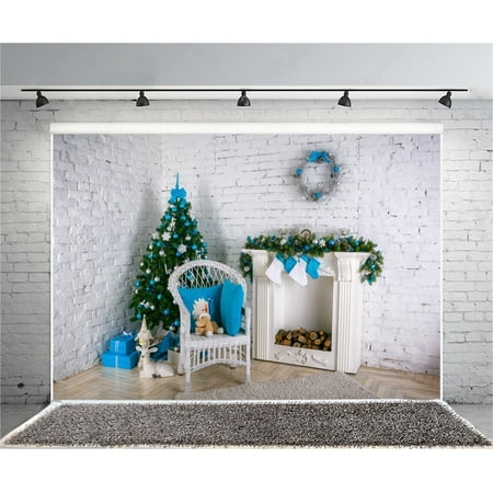 GreenDecor Polyster 7x5ft Decorated Christmas Tree Photography Background Interior Brick Wall
