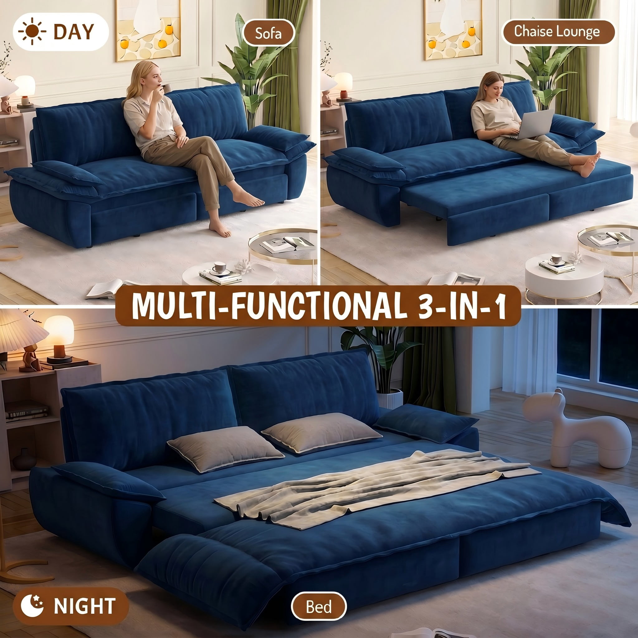 Multi-Functional Velvet 3-in-1 Convertible Sofa Bed, Queen Size Sleeper Loveseat with 2 Pillows, Dark Blue