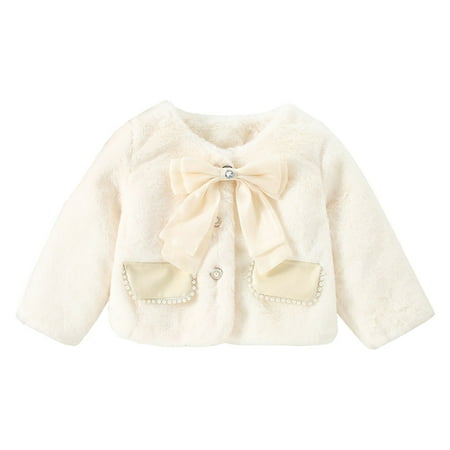 

Dr.Eam Infant Coats Toddler Girls Winter Long Sleeve Bowknot Coat Kids Warm Fleece Solid Color Outerwear Jacket Tops Boys Girls White 18 M-24 M