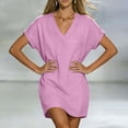 thumbnail image 5 of cocolona Women Linen Dress Summer Casual Loose V Neck Short Sleeve T-shirt Dress Beach Vacation Mini Dress, 5 of 7