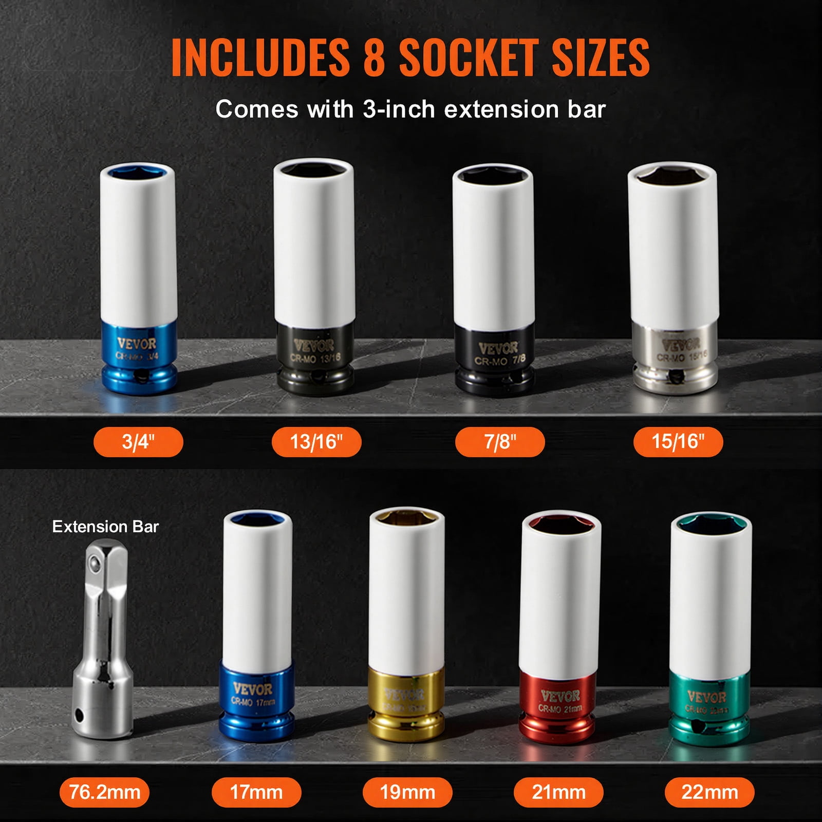 VEVOR Lug Nut Impact Socket Set, 1/2 inch Drive Metric and SAE 6-Point Deep Socket Set, 8 Total Lug Nut Sizes, CR-MO Steel Wheel Socket Set with Storage Case and Extension Bar, for Auto Repair