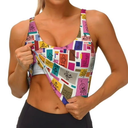 Qokaie Cute Doodles Pattern Womens Scoop Neck Sports Bra Breathable Workout Vest Padded U Back Medium Impact Fitness Gym Yoga Bra Workout Crop Top