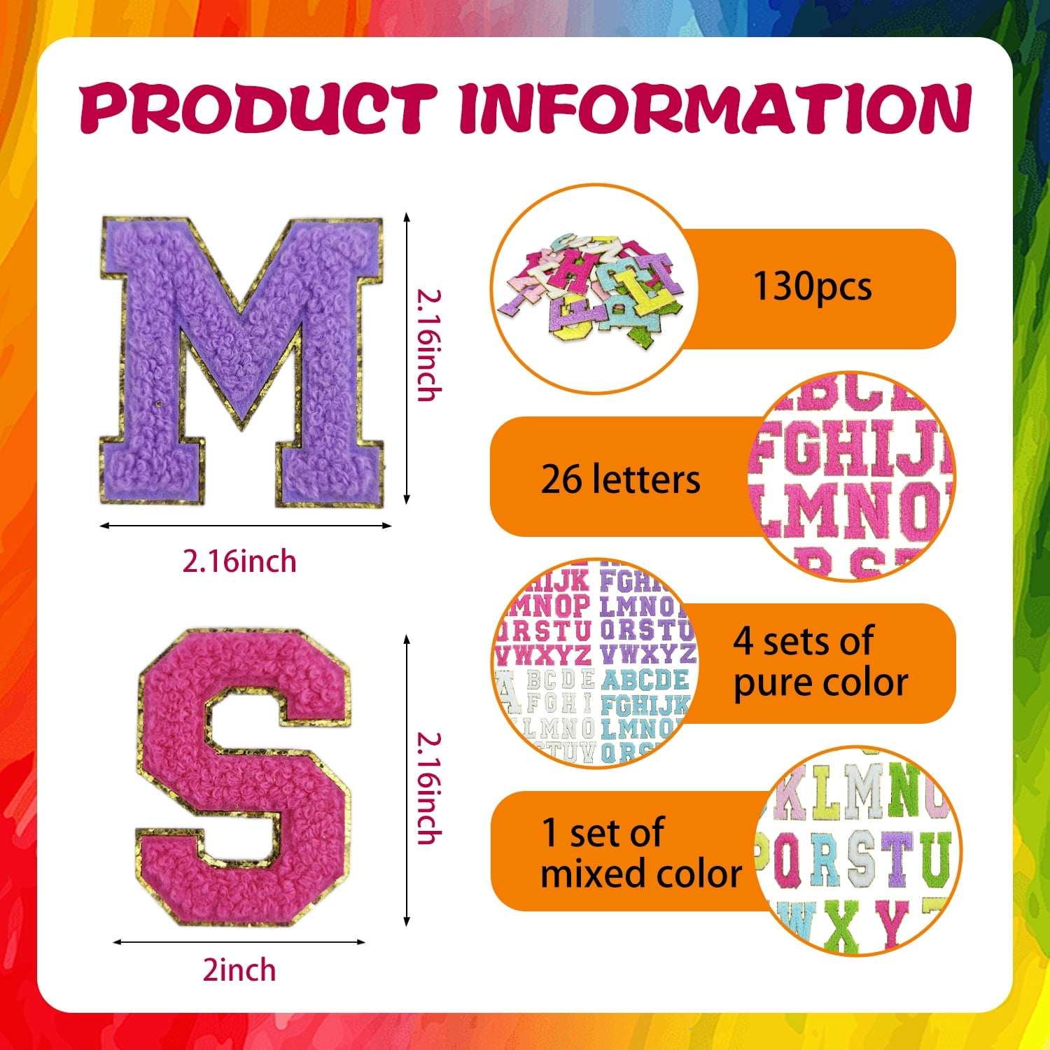 Ovatt 130 Pieces Chenille Letter Patches, 5 Sets Self Adhesive A-Z Letter Patches Sticker with Gold Glitter for DIY Crafts of Backpacks Hat Clothes Notebook