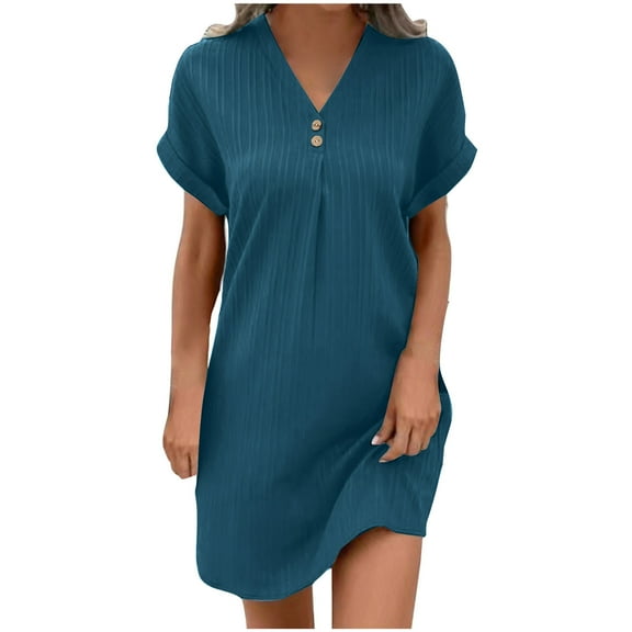 asdoklhq Wedding Dress Short Sleeve Women Casual Solid-neck Short Sleeve Dress Pocket Split Hem Strap Dress Green L