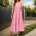 thumbnail image 2 of vigerkar Women's Summer Dresses 2025 Puff Sleeve Square Neck High Waist Smocked A-Line Flowy Loose Fit Midi Dress Pink, L, 2 of 5